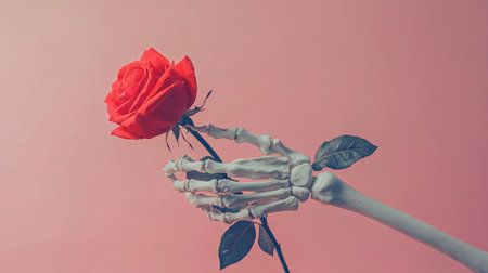 Skeleton hand gently clutching a vivid red rose, pastel pink backdrop highlighting this eerie yet romantic visual.の素材