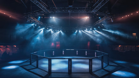 MMA octagon illuminated by powerful lights at night, the fight arena buzzing with energy.の素材