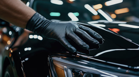 Man using ceramic coating on a car's surface, wearing black gloves for enhanced detailing and vehicle protection.の素材