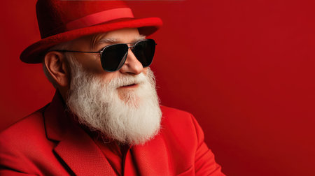 Stylish elderly man with a white beard, red hat, and sunglasses, posing confidently against a red background, exuding holiday flair.の素材