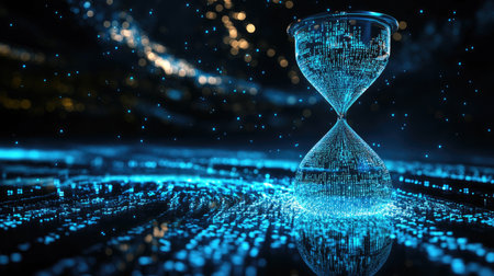 Blue and silver digital hourglass with cascading binary code, depicting the continuous flow of economic policies over time in a hyper-realistic mannerの素材