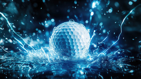 Blue lightning bursts around a golf ball, showcasing the intensity and strength of the game in a high-energy visual.の素材