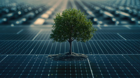 Young tree flourishing among solar panels, symbolizing renewable energy, sustainability, and the connection between nature and technology.の素材
