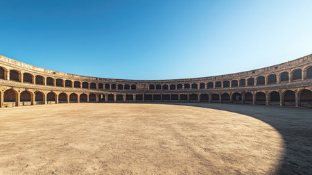 Spanish bullfighting arena, vacant and quiet, with its signature circular layout awaiting the next performance under a clear skyの素材