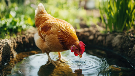Chicken drinking water outdoors on an eco-friendly farm, with natural light highlighting sustainable farming practices.の素材