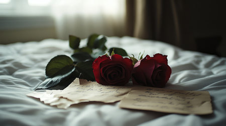 Broken roses and shredded love letters on an empty bed, capturing the essence of heartbreak and the pain of lost affectionの素材