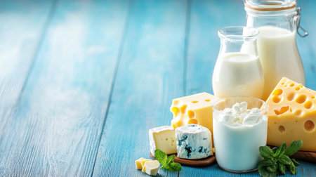 Assorted dairy products like cheese, milk, and yogurt on a blue wooden table, evoking freshness and a rustic farm-to-table concept.の素材
