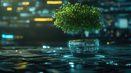 Tree growing from a futuristic digital plant pot, representing innovation in green energy and eco-friendly technology.の素材