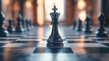 Chessboard scene with a king piece in focus, symbolizing leadership, strategy, and decision-making in a high-stakes game.の素材