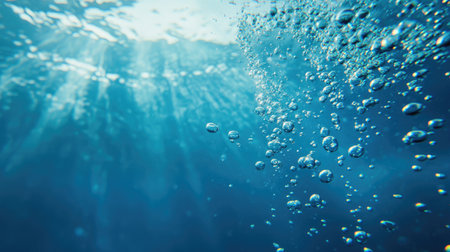 Bubbles of oxygen rising underwater in clear blue water with sparkling light reflections, creating a tranquil sceneの素材