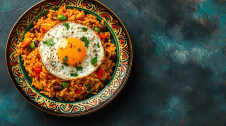 Top view of a vibrant plate of Peruvian tacu tacu, a rice and bean dish with fried egg, with space for copy.の素材