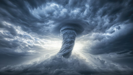 Tornado and stormy clouds with sun rays breaking through in a dramatic gray sky.の素材