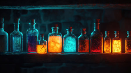 Witch's potion bottles glowing on a shelf, dark room, copy spaceの素材