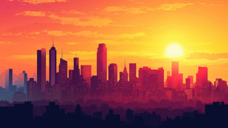Vector illustration of a silhouette city skyline at sunset, with vibrant colors and detailed skyscrapers.の素材