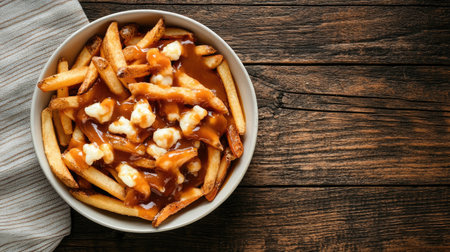 Top view of a Canadian poutine dish with crispy fries, cheese curds, and gravy, with room for text.の素材