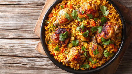 Top view of a traditional Cuban arroz con pollo, chicken and rice, with room for text.の素材