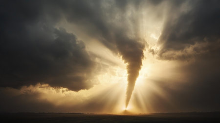 Stormy scene with a tornado silhouette, dark clouds, and sun rays piercing the gray sky.の素材