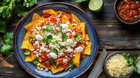 A delicious plate of Mexican chilaquiles with salsa, cheese, and fresh toppings, viewed from aboveの素材