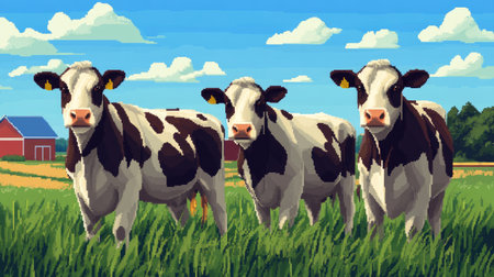 Pixelated cows in a retro 8-bit farm, combining nostalgic charm with modern pixel art techniques.の素材