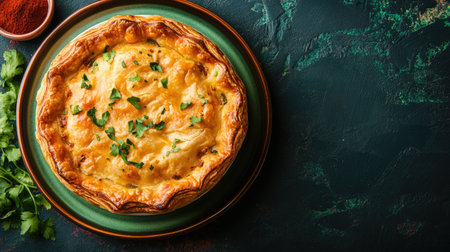 Top view of a vibrant plate of Brazilian escondidinho, a cassava and meat pie, with space for copy.の素材