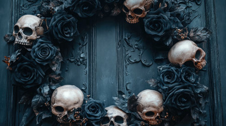 Halloween wreath with skulls and black roses, door background, copy spaceの素材
