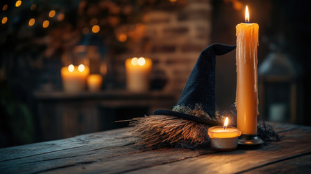 Witch's broomstick and hat on an old wooden table, dim candlelight, copy spaceの素材