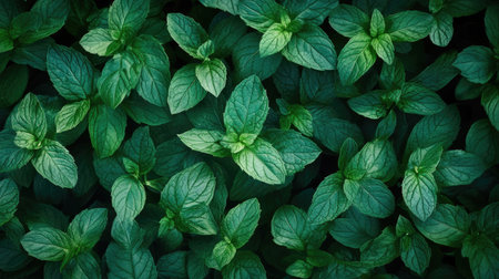 Lush mint leaves covering the frame in a top view, vibrant and healthy.の素材