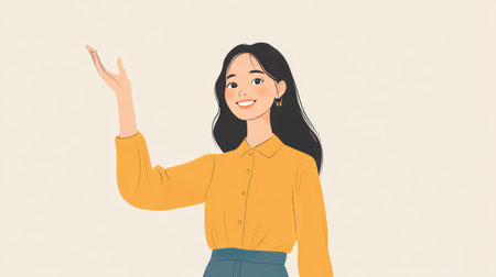 Asian woman presenting a product with her raised hand, professional and poised.の素材