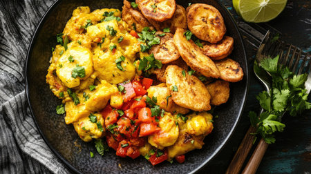 Top view of a flavorful Jamaican ackee and saltfish with fried dumplings and plantains.の素材