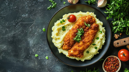 Top view of a traditional Argentinian milanesa with mashed potatoes, with space for text.の素材
