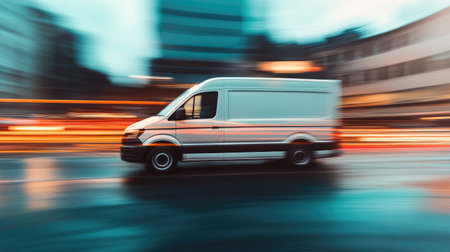 Delivery van in motion, blurred background emphasizing fast and efficient delivery.の素材