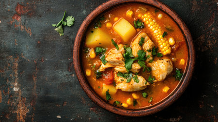 Top view of a delicious Colombian ajiaco soup with chicken, corn, and potatoes, with space for copyの素材