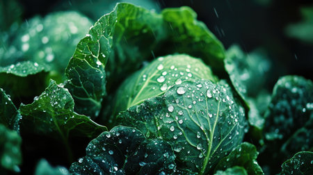 Fresh green cabbage in the rain, detailed close-up view with water droplets.の素材