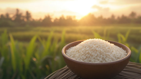 Rice bowl with white grains, set against a rice field during sunset.の素材