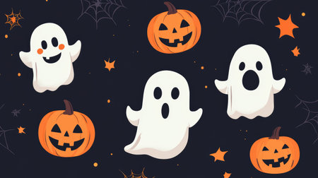 Halloween vector background with simple ghosts, pumpkins, and cute spooky bannerの素材