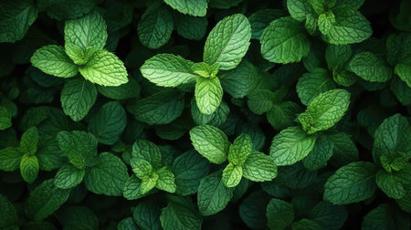 Fresh mint leaves spread out in a lush, green background, viewed from above.の素材