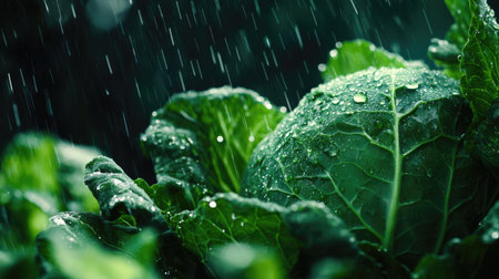 Fresh green cabbage in the rain, detailed close-up view with water droplets.の素材