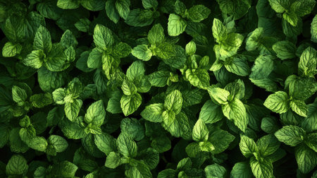 Overhead shot of mint leaves forming a refreshing and aromatic backdrop.の素材