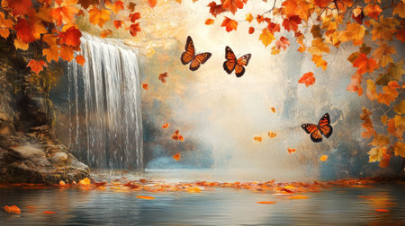A beautiful scene of autumn leaves and delicate butterflies falling into a pond, creating a calming and seamless nature-themed design.の素材