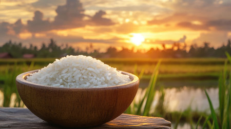 Wooden bowl of white rice against a stunning sunset over rice fields.の素材