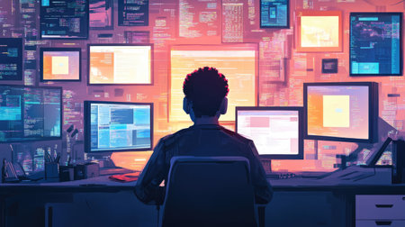 A tech-savvy portrait of a person surrounded by computers and screens, immersed in technology and innovation.の素材