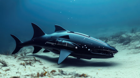 A robotic shark swims powerfully near the ocean floor, its sleek, futuristic body contrasting against the sandy seabed.の素材