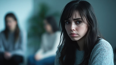 A depressed woman sits pensively in a support group meeting, with a blurry figure in the background, creating a somber atmosphere.の素材