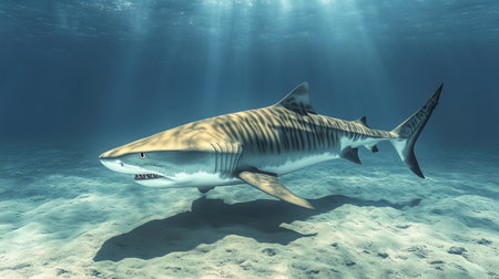 A powerful tiger shark glides near the ocean floor, its distinctive stripes visible against the sandy seabed, creating a dramatic underwater scene.の素材