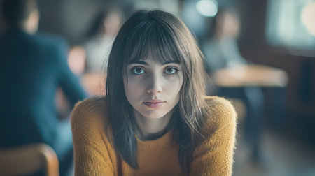 A depressed woman sits pensively in a support group meeting, with a blurry figure in the background, creating a somber atmosphere.の素材