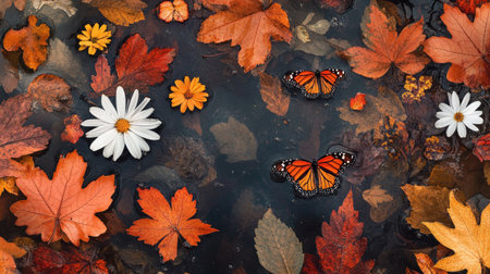 A harmonious pattern of autumn leaves, butterflies, and flowers floating on water, capturing the serene beauty of nature in fall.の素材