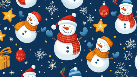 Cartoon-style Christmas fabric pattern with jolly snowmen, twinkling stars, and cozy mittens, ideal for wrapping presents and creating festive cheerの素材