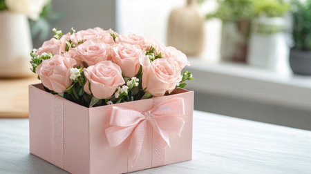 A delicate pink gift box tied with a ribbon opens to reveal a beautiful arrangement of roses inside, creating a sweet and romantic momentの素材