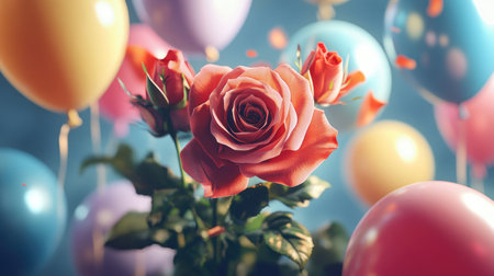 A vibrant rose bouquet surrounded by floating balloons, perfect for a celebration or romantic gesture in a joyful sceneの素材