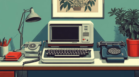 Vintage illustration of a desk with an old computer, typewriter, and telephone, showcasing the evolution of technologyの素材